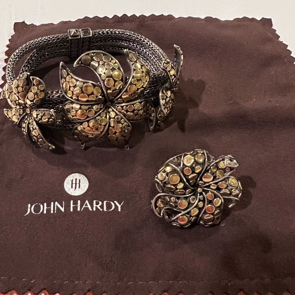 WOW! John Hardy flower 3 tier sterling silver and 18kt gold bracelet & ring set